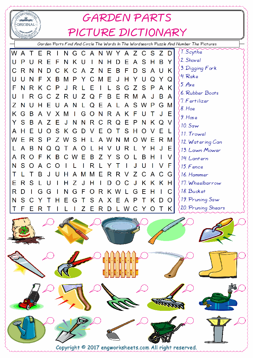  ESL wordsearch worksheets for kids, find Garden Parts words in the word wordsearch write its number on its picture English worksheet. 